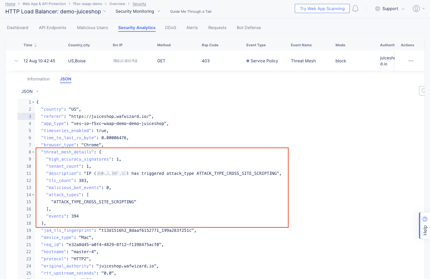 Figure: Threat Mesh Event JSON