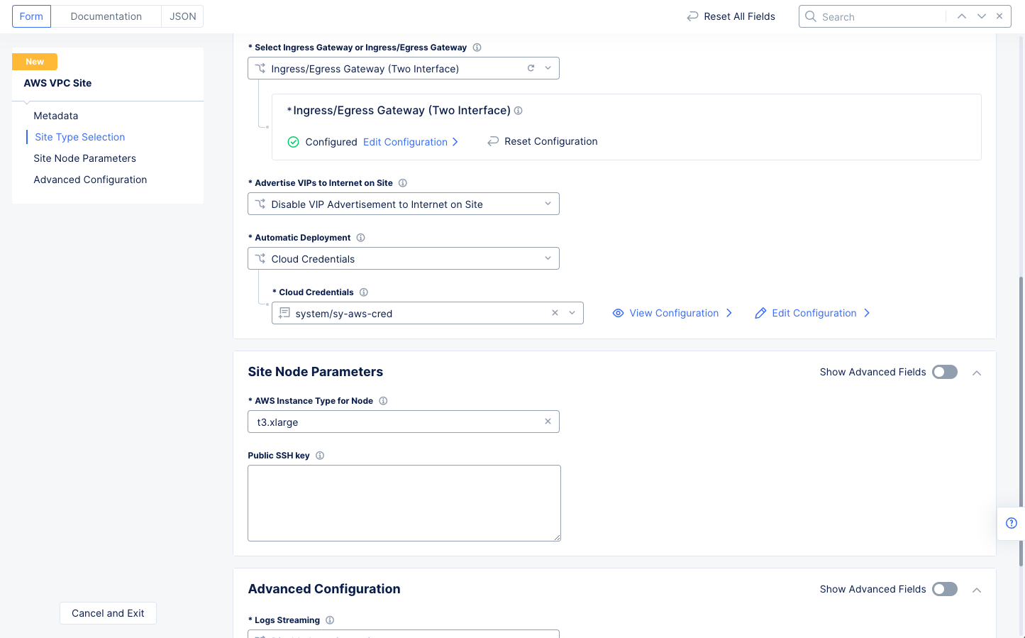 Figure: Automatic Deployment and Site Node Parameters
