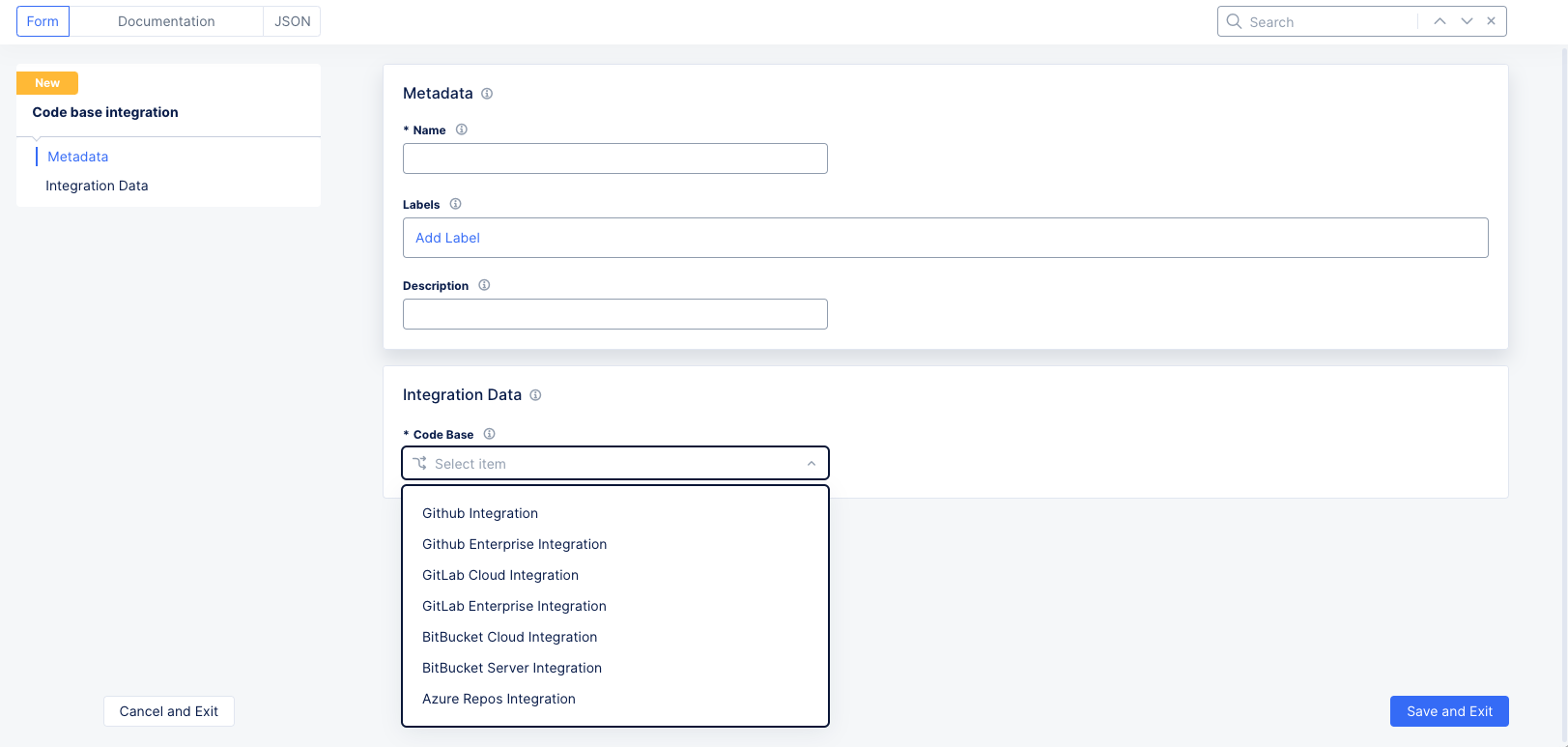 Figure: Add Code Base Integration Form