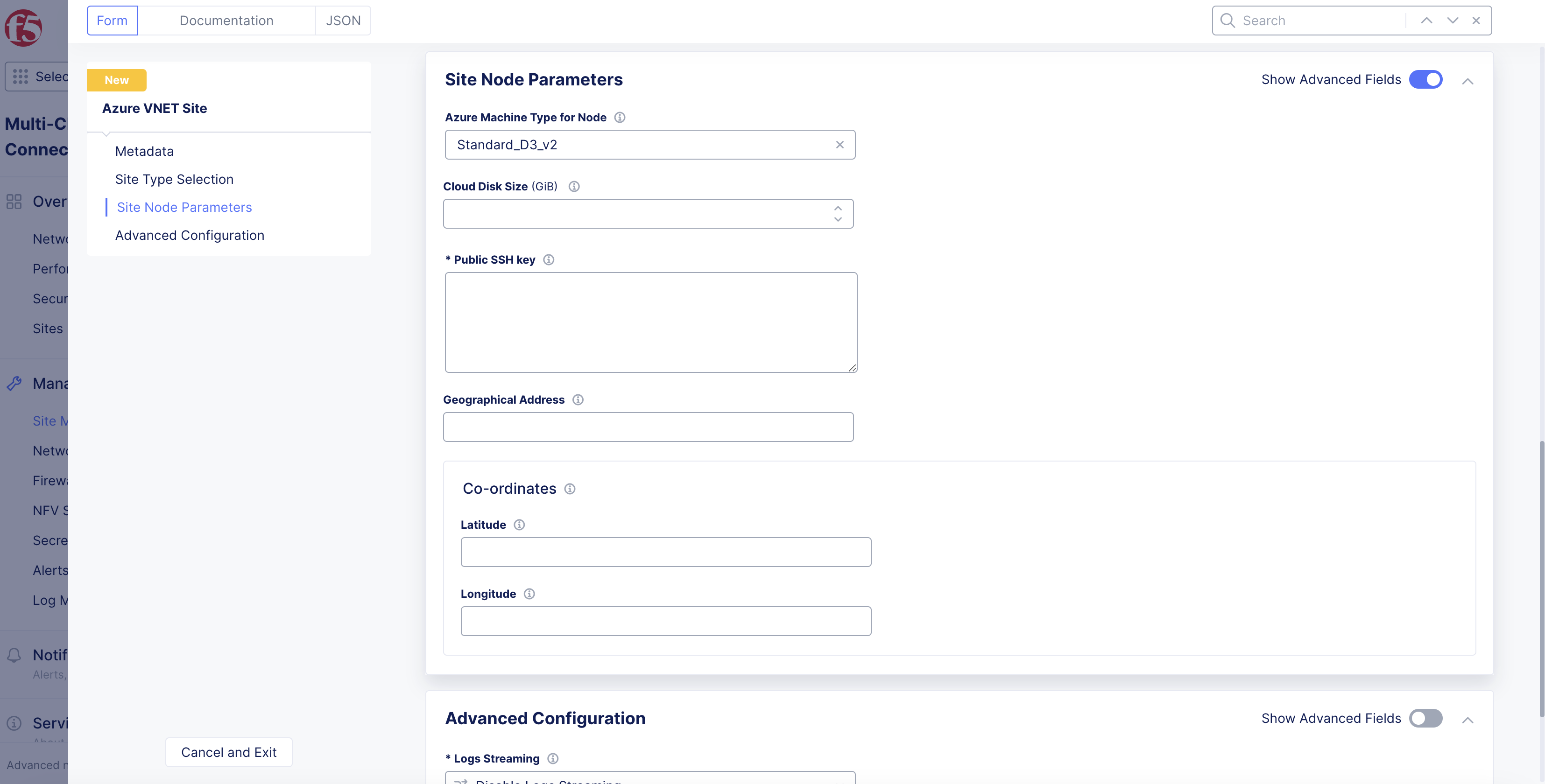 Figure: Azure VNet Site Node Parameters