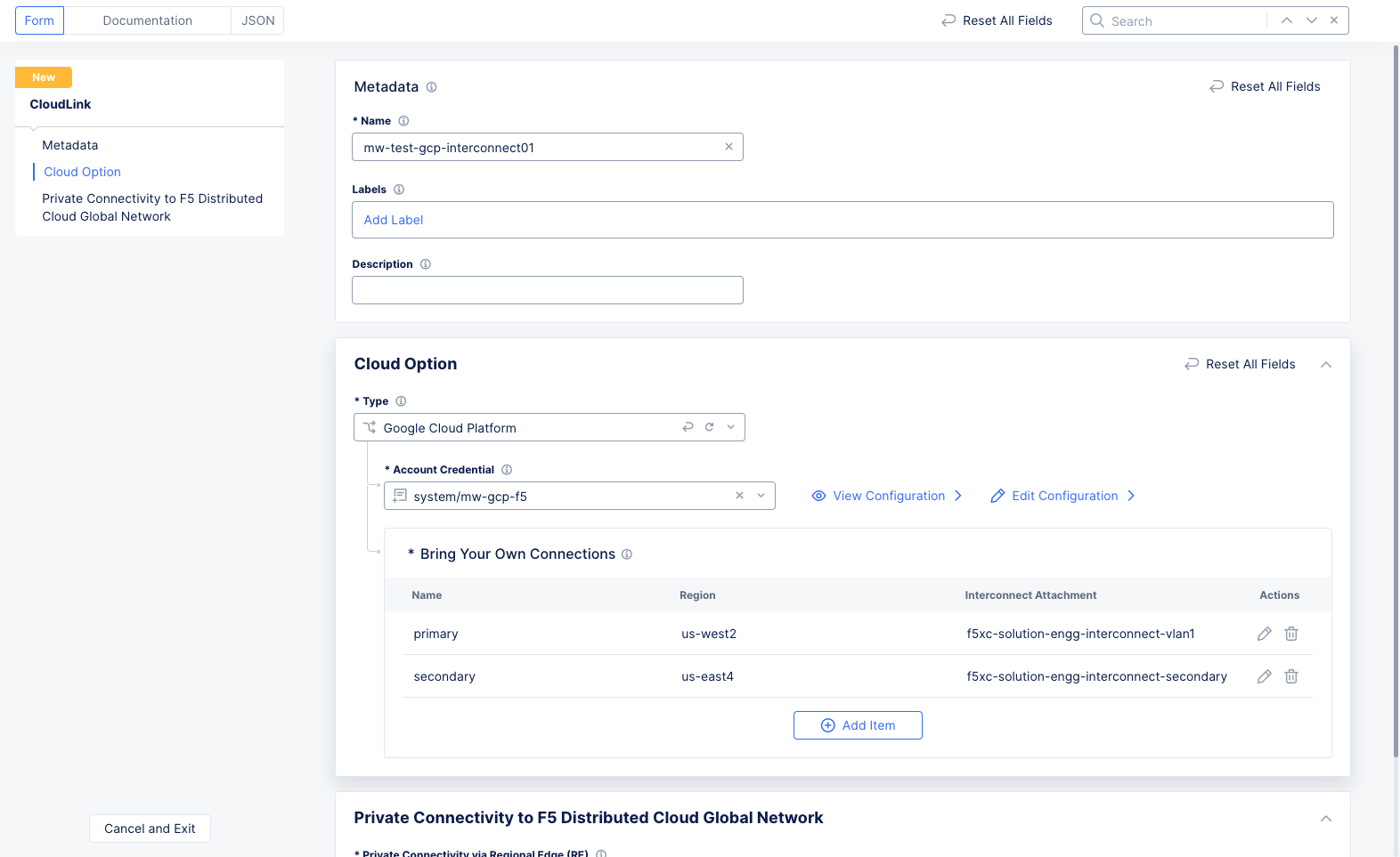 Figure: GCP CloudLink Form